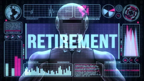 Robot includes a futuristic user interface with the word retirement Stock Footage 85850135