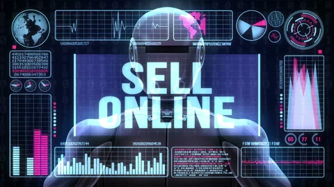 Robot includes a futuristic user interface with the word sell online Stock Footage 85851226