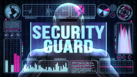 Robot includes a futuristic user interface with the word security guard Stock Footage 85851231
