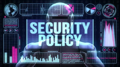 Robot includes a futuristic user interface with the word security policy Stock Footage 85851233