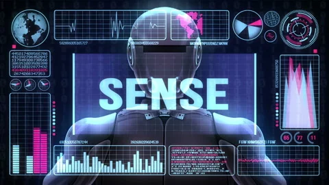 Robot includes a futuristic user interface with the word sense Video stock 85852300