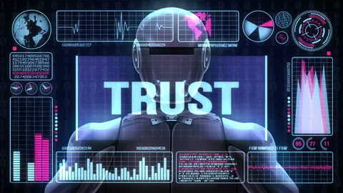 Robot includes a futuristic user interface with the word trust Stock Footage 85853130