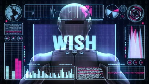 Robot includes a futuristic user interface with the word wish Stock-Footage 85853407