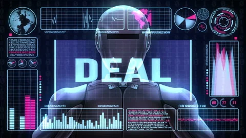 Robot includes a futuristic user interface with the word deal Video stock 90554109
