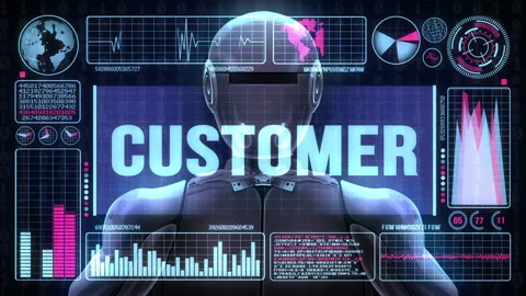 Robot includes a futuristic user interface with the word customer Video stock 90554119