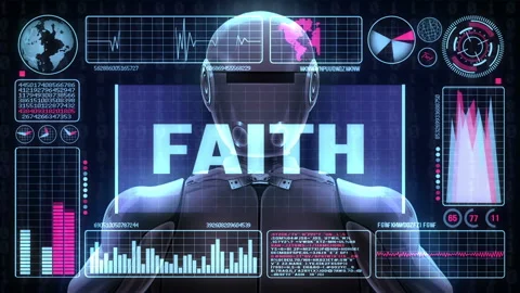 Robot includes a futuristic user interface with the word faith Video stock 91287461