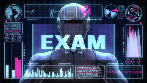 Robot includes a futuristic user interface with the word exam Stock Footage 91287462