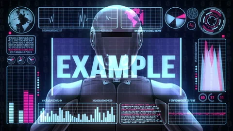 Robot includes a futuristic user interface with the word example Stock Footage 91287467
