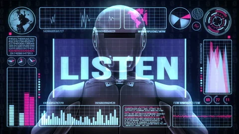 Robot includes a futuristic user interface with the word listen Vídeo Stock 91287927