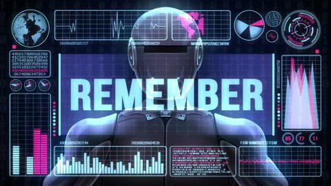 Robot includes a futuristic user interface with the word remember Stock Footage 91288117