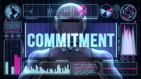 Robot includes a futuristic user interface with the word commitment Video stock 91288474