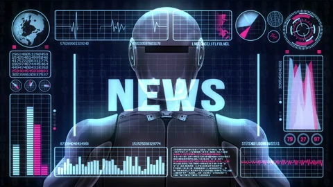Robot includes a futuristic user interface with the word news Stock Footage 93180667
