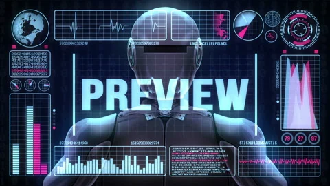 Robot includes a futuristic user interface with the word preview Video stock 93180670