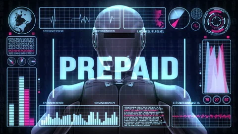 Robot includes a futuristic user interface with the word prepaid Video stock 93180672