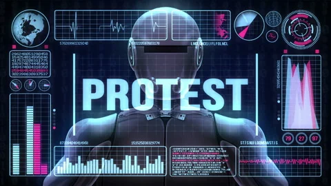 Robot includes a futuristic user interface with the word protest Stock Footage 93180673