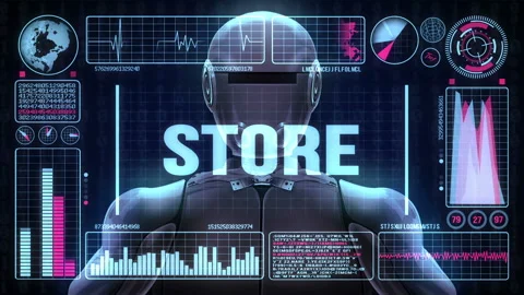 Robot includes a futuristic user interface with the word store Vídeo Stock 93180998