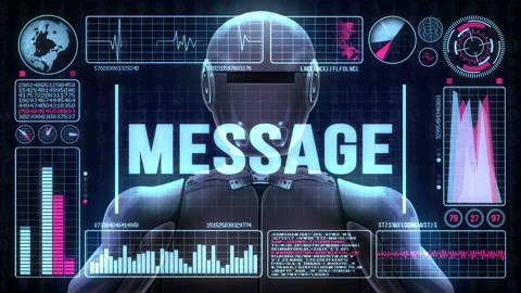 Robot includes a futuristic user interface with the word message Stock Footage 93181000