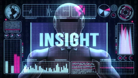 Robot includes a futuristic user interface with the word insight Video stock 93281714