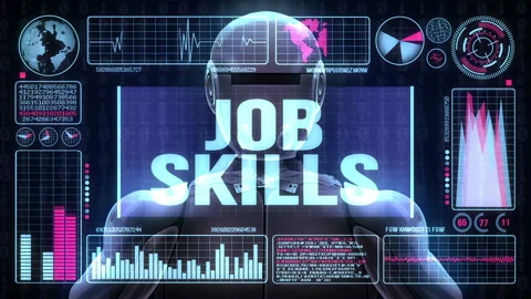 Robot includes a futuristic user interface with the word job skills Stock Footage 93305051