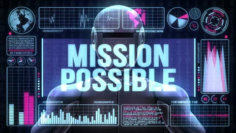 Robot includes a futuristic user interface with the word mission possible Video stock 93305066