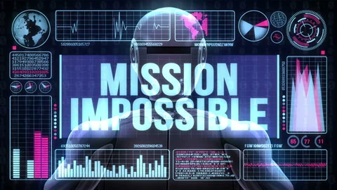 Robot includes a futuristic user interface with the word mission impossible Stock Footage 93305067