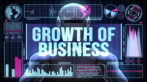 Robot includes a futuristic user interface with the word growth of business Video stock 93305069