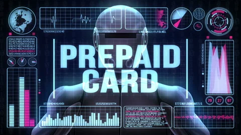 Robot includes a futuristic user interface with the word prepaid card Video stock 93305493