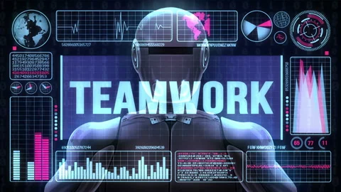 Robot includes a futuristic user interface with the word teamwork Stock-Footage 93305510