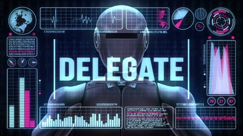 Robot Includes a Futuristic User Interface With the Word Delegate Stock Footage 97636093