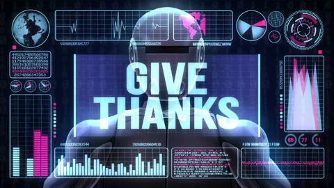 Robot Includes a Futuristic User Interface With the Word Give Thanks Stock-Footage 97637282