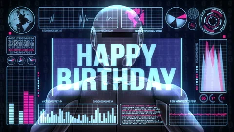 Robot Includes a Futuristic User Interface With the Word Happy Birthday Stock Footage 97637302