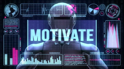 Robot Includes a Futuristic User Interface With the Word Motivate Stock Footage 97730527