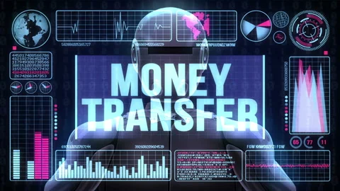Robot Includes a Futuristic User Interface With the Word Money Transfer Video stock 97730533