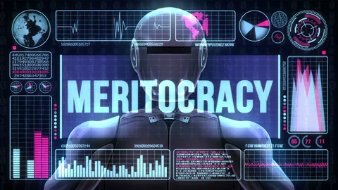 Robot Includes a Futuristic User Interface With the Word Meritocracy Stock Footage 97730534