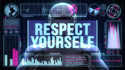 Robot Includes a Futuristic User Interface With the Word Respect Yourself Video stock 97730637