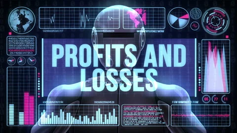 Robot Includes a Futuristic User Interface With the Word Profits and losses Video stock 97730638