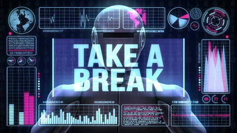 Robot Includes a Futuristic User Interface With the Word Take a Break Video stock 97730679