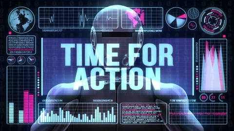 Robot Includes a Futuristic User Interface With the Word Time For Action Stock Footage 97730681