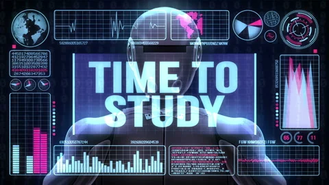 Robot Includes a Futuristic User Interface With the Word Time To Study Stock Footage 97730683