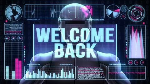 Robot Includes a Futuristic User Interface With the Word Welcome Back Video stock 97730724