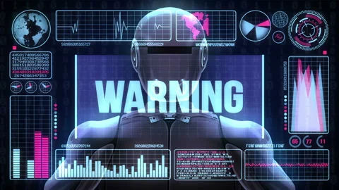 Robot Includes a Futuristic User Interface With the Word Warning Video stock 120296994