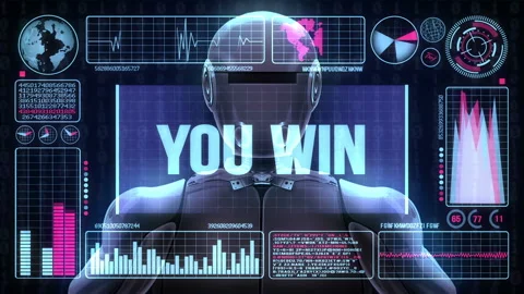 Robot Includes a Futuristic User Interface With the Word You win Stock Footage 120297039