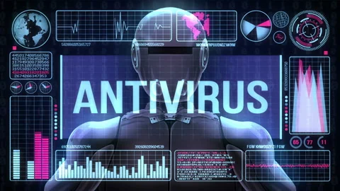 Robot Includes a Futuristic User Interface With the Word Antivirus Stock-Footage 128160142