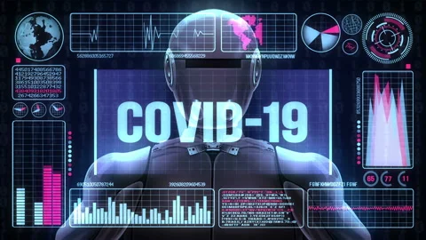 Robot Includes a Futuristic User Interface With the Word COVID-19 Stock Footage 128160143