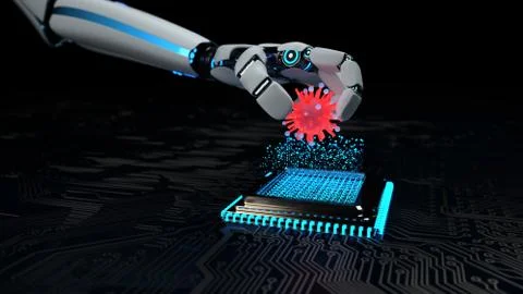 A robot infects the hardware with a virus. 3d illustration. 스톡 일러스트