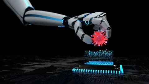 A robot infects the hardware with a virus. 3d illustration. 스톡 일러스트