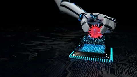 A robot infects the hardware with a virus. 3d illustration. 스톡 일러스트