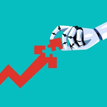 Robot inserts the missing puzzle in arrow graph up 스톡 일러스트