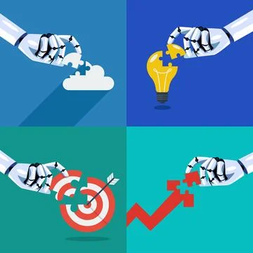 Robot inserts the missing puzzle in different objects Stock Illustration