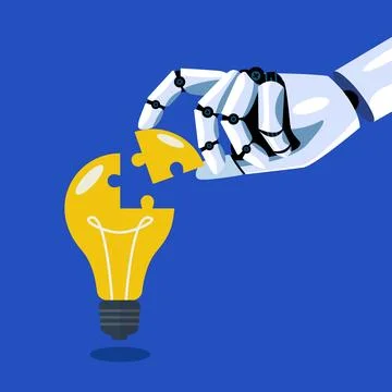 Robot inserts the missing puzzle in lightbulb Stock Illustration